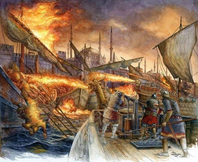 Một bản vẽ mô tả về vũ khí Ngọn lửa Hy Lạp